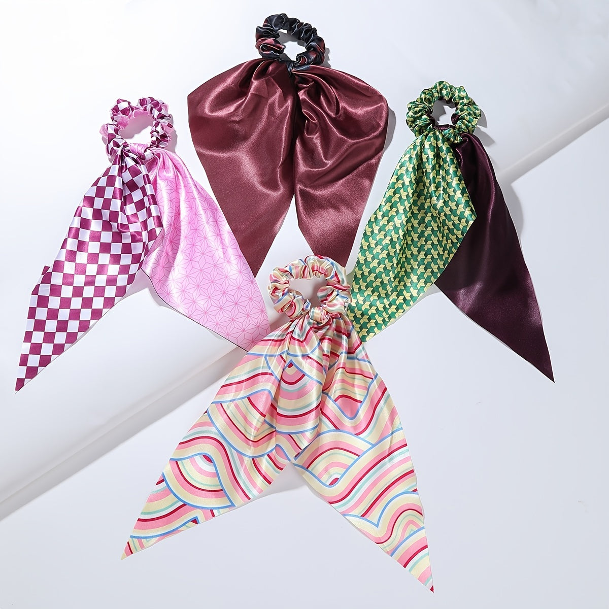 4pcs Adorable Japanese Anime Cartoon Printed Fabric Bowknot Hair Scarves with Elastic Hair Ties for Women - Soft, Comfortable, and Easy to Wear Ponytail Holders for Various Hairstyles - Cute Hair Accessories for Anime Fans - Rexpect Nerd