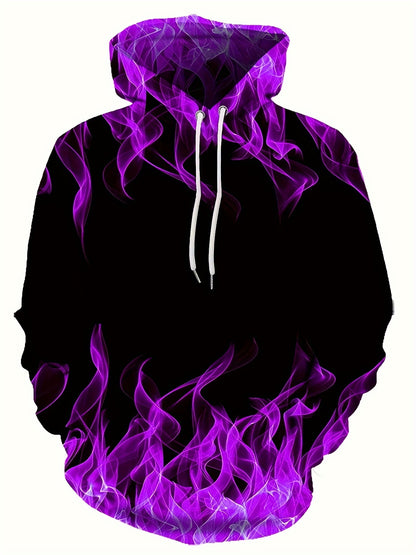 Flame Print Hoodie - Soft Slight Stretch Polyester Pullover with Kangaroo Pocket and Long Sleeves - Casual Graphic Design Streetwear for Men and Gift Idea for Winter and Fall