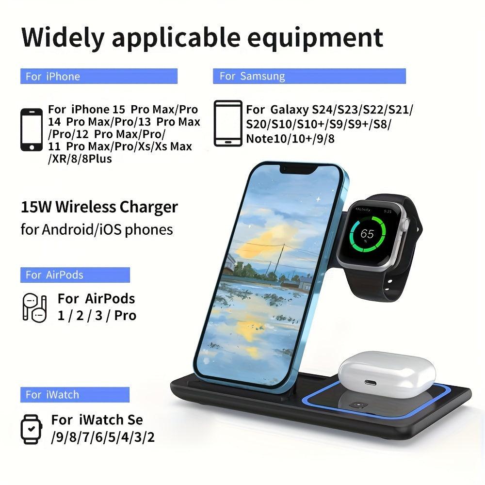 Wireless Charging Station 3-in-1 Standard 15W Fast Mag-Safe Charger Stand With QC3.0 Adapter, Suitable For IPhone 15 14 13 12 11 X 8 Pro Max/Pro/Mini/Plus, IWatch Ultra 9/8 7/6/5/4/3/2, AirPods 3/2 - Rexpect Nerd